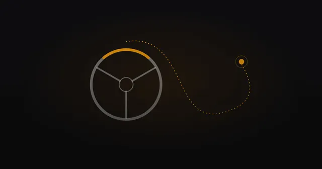 Abstract line illustration of a steering wheel with a dotted amber path leading to a destination point